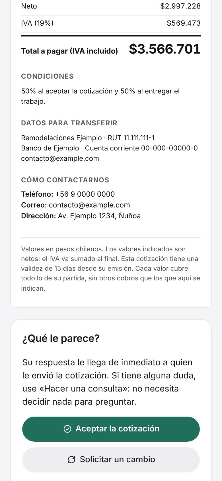 El final de la hoja: las condiciones de pago, los datos para transferir y los botones «Aceptar la cotización», «Solicitar un cambio» y «Hacer una consulta».